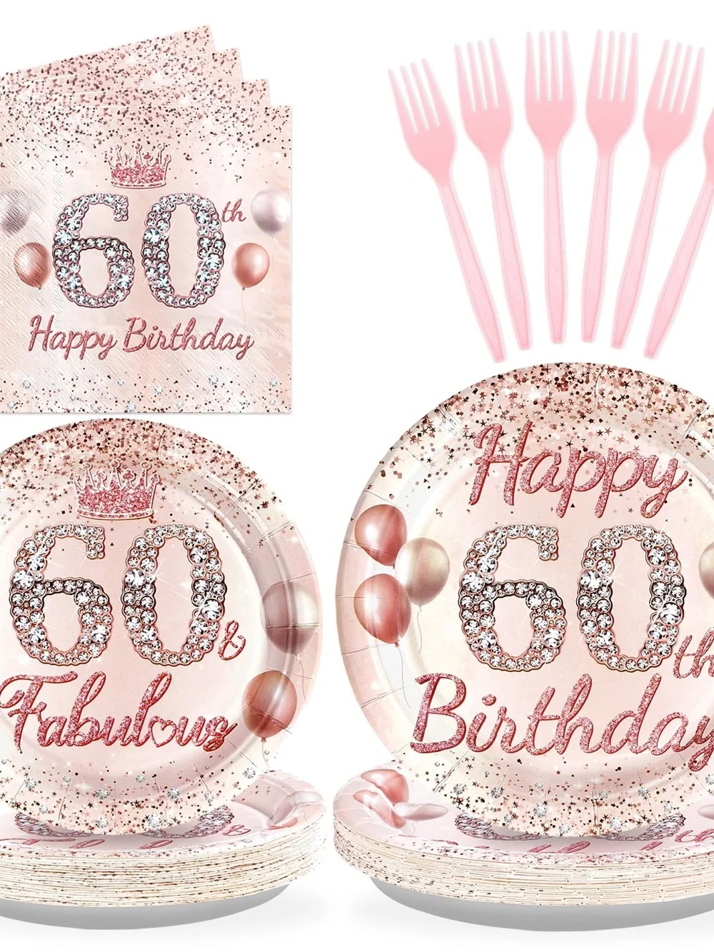60th Birthday Rose Pink Party Plates & Napkins Set - Elegant Celebration
